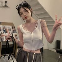 莫代尔甜酷辣妹针织吊带小背心夏季设计感拉链露脐短款无袖上衣打底衫 白色