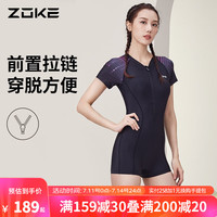 洲克（ZOKE）女士泳衣连体平角保守遮肚修身显瘦游泳衣女休闲度假温泉泳衣 黑色/玫红花_2 XL