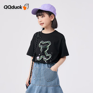 QQ duck 可可鸭 童装儿童短袖T恤女童夏装汗衫学生青少年衣服小熊T黑色；150