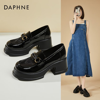 达芙妮（DAPHNE）单鞋女粗跟网面透气高跟小皮鞋夏百搭时尚金属乐福鞋 黑色 跟高6.5cm 37 