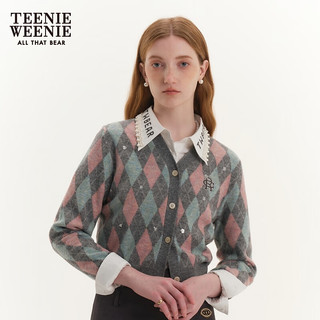 Teenie Weenie小熊春装复古时尚菱形格纹毛针织开衫保暖女 灰色 155/XS