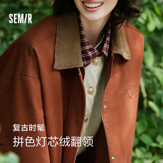 森马（Semir）外套女中长款拼色灯芯绒翻领复古2024秋刺绣宽松夹克时尚 咖色调00355 160/84A/M