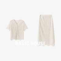 Basic House/百家好V领花边上衣蕾丝高腰半身长裙两件套夏季套装 米色 S