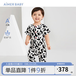 爱慕儿童（AIMER KIDS）A类轻薄高弹中性男女婴儿短袖睡袋宝宝莫代尔分腿连体睡衣|奶皮衣 白底奶牛纹印花 100