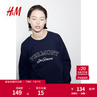 H&M女装长袖卫衣图案印花宽松休闲落肩上衣1163095 深蓝色/Vermont 170/116