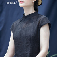 意枕上2024旗袍连衣裙夏季亚麻棉提花双襟小立领改良旗袍裙女 L 106-115斤 黑色