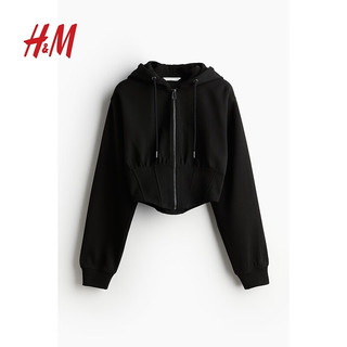 H&M2024夏季女装时尚休闲百搭胸衣式全拉链连帽衫1233307 黑色 155/80