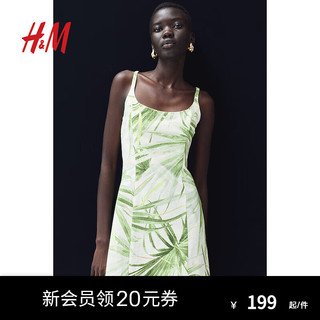 H&M女装2024夏季连衣裙修身无袖印花裙棉质吊带短裙1230953 白色/棕榈叶 160/84