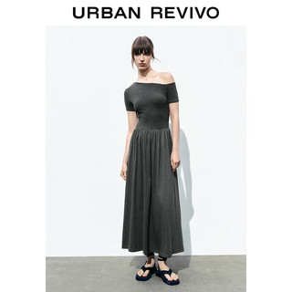 URBAN REVIVO 女士法式赫本风小黑裙斜肩领连衣裙 UWM740003 深灰花灰 XS