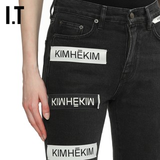 IT KIMHEKIM女装修身微喇牛仔裤个性时尚logo缝饰长裤16BKXM