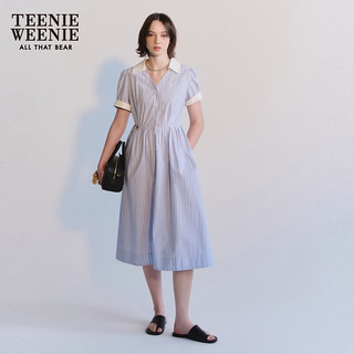 Teenie Weenie小熊2024年夏季新款V领条纹衬衫长裙学院风清新少女 浅蓝色 1