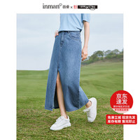 茵曼米雷系列开衩牛仔半身裙夏女百搭绣花A字显腿长裙子 牛仔蓝 S