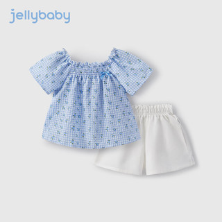 JELLYBABY【2024夏季】宝宝小飞袖童装儿童夏款洋气夏装潮女童夏天套装 蓝格 120CM