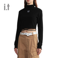 i.t MUSIUM DIV.女装刺绣修身系带露脐中领针织长袖T恤00285X