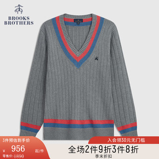 布克兄弟（BrooksBrothers）男士秋冬棉质美式休闲学院风套头V领毛衣 0007-灰色 S