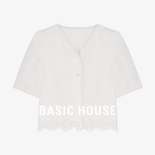 百家好（Basic House）夏季纯色百搭甜美风气质感开衫短袖V领衬衫女 白 M