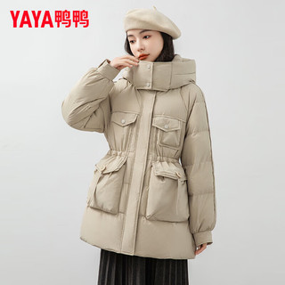 鸭鸭羽绒服鸭鸭（YAYA）羽绒服女中长款2024年冬季时尚连帽加厚收腰显瘦保暖外套XH 米色 155/80A(S)