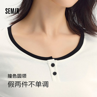 森马（Semir）[商场同款]长袖T恤女短款撞色简约2024秋新款修身衣服假两件 黑色90001 155/80A/S