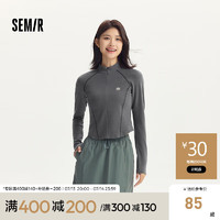 森马（Semir）梅花系列长袖T恤女短款插肩袖立领紧身2024秋季新款磨毛上衣 深灰20902 150/76A/XS