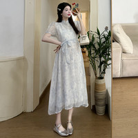 乌拓新中式春大码装款2024连衣裙改良旗袍宽松长款雪纺夏装女 碎花连衣裙 M