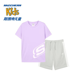 Skechers斯凯奇女童儿童夏装两件套大童圆领t恤男童运动短袖套装L223K022 浅雪青色/00EW 170cm