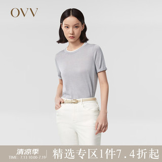 OVV2022春夏新款女装丝麻混纺时尚撞色圆领翻边休闲针织衫