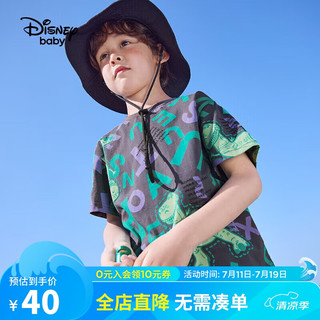 Disney 迪士尼 童装儿童男童短袖T恤棉质针织卡通上衣打底衫23夏DB321BE02灰130 深灰字母恐龙