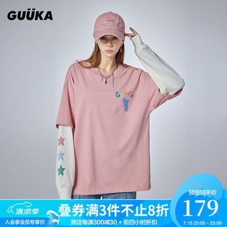 古由卡（GUUKA）潮牌假两件纯棉重磅长袖T恤女秋 通勤百搭涂鸦印花上衣宽松 粉色 M