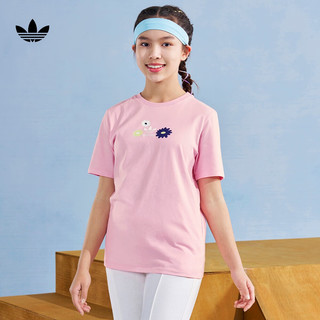 adidas纯棉运动上衣圆领短袖T恤女大童儿童夏季阿迪达斯三叶草 粉 140CM