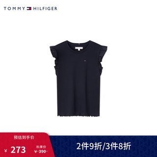 TOMMY HILFIGER24春夏童装女复古甜美螺纹微弹荷叶边短袖T恤TH2422814 藏青色654 7/130cm