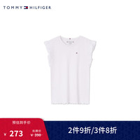 TOMMY HILFIGER24春夏童装女复古甜美螺纹微弹荷叶边短袖T恤TH2422814 白色658 7/130cm