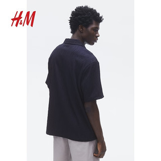 H&M2024夏季男装时尚休闲百搭常规版型纹理度假衬衫1255272 黑色 165/84 XS