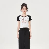 5+ Five Plus女夏装蝴蝶图案短袖T恤女小众短款上衣修身刺绣