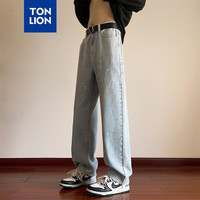唐狮 TONLION2024夏季男甩漆设计直筒牛仔长裤WP 浅蓝 XL