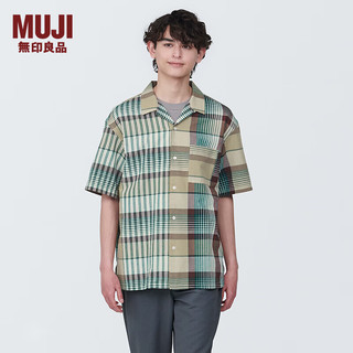 无印良品（MUJI） 男式 马德拉斯格纹 开领短袖衫 男士衬衫衬衣外套 格子 纯棉全棉