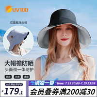 UV100台湾UV100防晒帽春夏可折叠渔夫帽防紫外线沙滩盆帽女遮阳帽71328 暗夜黑-遮蔽率99.67% F