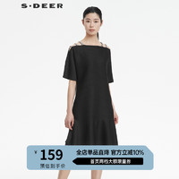 S.DEER圣迪奥女装露肩肌理褶皱拼接黑色连衣裙S222Z1261 黑色/91