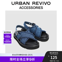 URBAN REVIVO2024夏季女士丹宁须边厚底凉鞋UAWS40096 中灰蓝 36