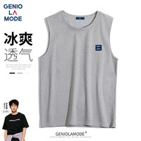 GENIOLAMODE品牌背心男美式简约无袖坎肩夏季上衣休闲百搭华夫格男士打底衫潮 浅灰 M(90斤-110斤)