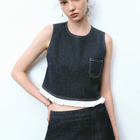 URBAN REVIVO 水果系列 女装拼接贴袋牛仔衬衫 UWU840076 靛蓝 M