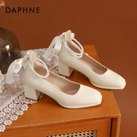 88VIP：DAPHNE 达芙妮 法式玛丽珍高跟鞋女2024新款春秋白色伴娘鞋气质粗跟单鞋女
