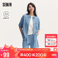 森马（Semir）牛仔衬衫女中长款落肩宽松2024夏短袖衬衣109324104010 牛仔浅中蓝88601 L