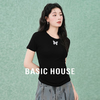 百家好（Basic House）百家好Basic House/百家好夏日纯色休闲蝴蝶结正肩设计感短袖 黑色 L