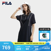 FILA 斐乐女子针织连衣裙2024秋季时尚休闲POLO领连身裙 传奇蓝-NV 2XL