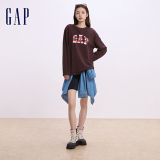 Gap 盖璞 女士水洗棉字母印花logo长袖T恤宽松上衣 622464 棕色 L