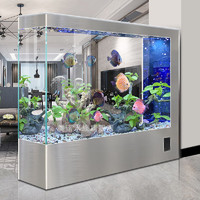 美诺超白玻璃鱼缸客厅落地家用生态免换水现代屏风隔断 拉丝银【排水+显示屏】 120*35*130