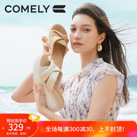 康莉（COMELY）一字拖鞋女夏季羊皮坡跟休闲防滑沙滩交叉带时尚凉拖 杏色 34 