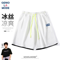 GENIOLAMODE短裤男韩版宽松运动休闲风五分裤简约系带百搭夏季裤子 白色-1 3XL(170斤-190斤)