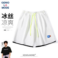 GENIOLAMODE短裤男韩版宽松运动休闲风五分裤简约系带百搭夏季裤子 白色 4XL(180斤-200斤)