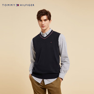 TOMMY HILFIGER 男女同款纯棉休闲通勤小绣标镶边V领合身版针织背心78J3976 藏青色FAP S